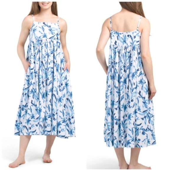 🔹️PETITE PLUME 🔹️Blue Pima Cotton Sounds Of Santorini Lounge Dress - Picture 1 of 8